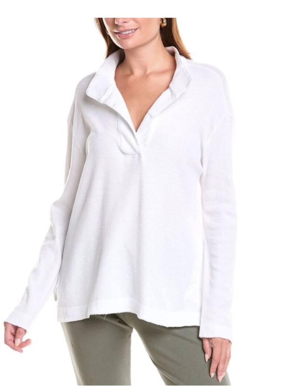James Perse thermal waffle knit cotton v neck polo top oversized size small